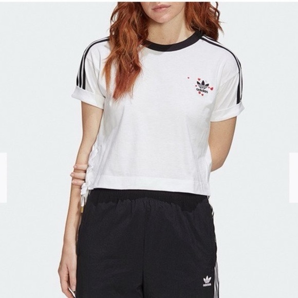 Adidas hearts embroidered t-shirt cuff sleeve cinch side size XL - Picture 1 of 10